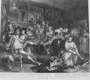 Een Rakes Progress, Plaat 3, De taveernescène door William Hogarth